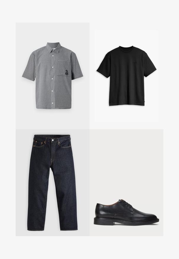 Camisa de botão de mangas curtas em padrão de quadros preto e branco, com um bolso no peito e detalhe de cavalinho-marinhos bordado. Material de algodão.; T-shirt preto de algodão com decote redondo e mangas curtas. Apresenta um logo discreto na parte da frente e uma barra reta. Design simples e minimalista.; Jeans de denim azul-escuro com corte reto, cinco bolsos, costura laranja em contraste e fecho de botão. Sem padrões ou adornos visíveis.; Sapato de vestido em couro preto com bico redondo, design com atacadores e um salto baixo empilhado. Textura suave com detalhes de costura mínimos.