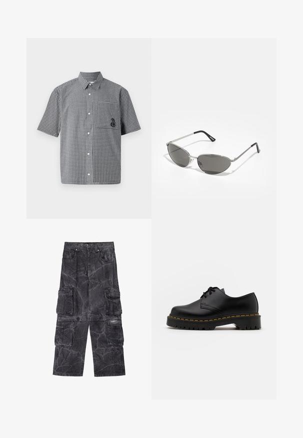 Rövid ujjú gombos ing fekete-fehér kockás mintával, mellzsebbel és hímzett tengericsikó részlettel. Pamut anyag.; Sötét szürke farmer cargo nadrág márványos textúrával. Több oldalsó zsebbel és kontrasztos varrással rendelkezik. Széles szabású dizájn.; Fekete bőr, fűzős cipő lekerekített orral, texturált gumitalppal és sárga varrással az alján. Lapos design és sima felület.; Sötétített lencsékkel rendelkező napszemüveg, elegáns, ezüst színű fém vázzal, aerodinamikus kialakítással, hegyes szélekkel és vékony szárakkal.