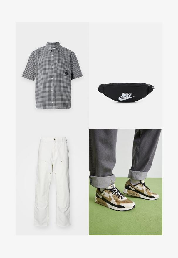 Kortärmad skjorta med knäppning i svart och vitt rutmönster, med bröstficka och broderad sjöhästdetalj. Tillverkad av bomull.; Vita bomullscargo Byxor med en avslappnad passform. Funktioner inkluderar framfickor, guld Accentdetaljer och förstärkta knäsektioner.; Nike Air Max 90 sneakers i beige och svart, med mesh- och lädermaterial, synlig dämpning och svarta snören.; Svart nylon midjeväska med dragkedjestängning, med en stor vit Nike-logotyp. Slät textur och ergonomisk design för bekväm användning.