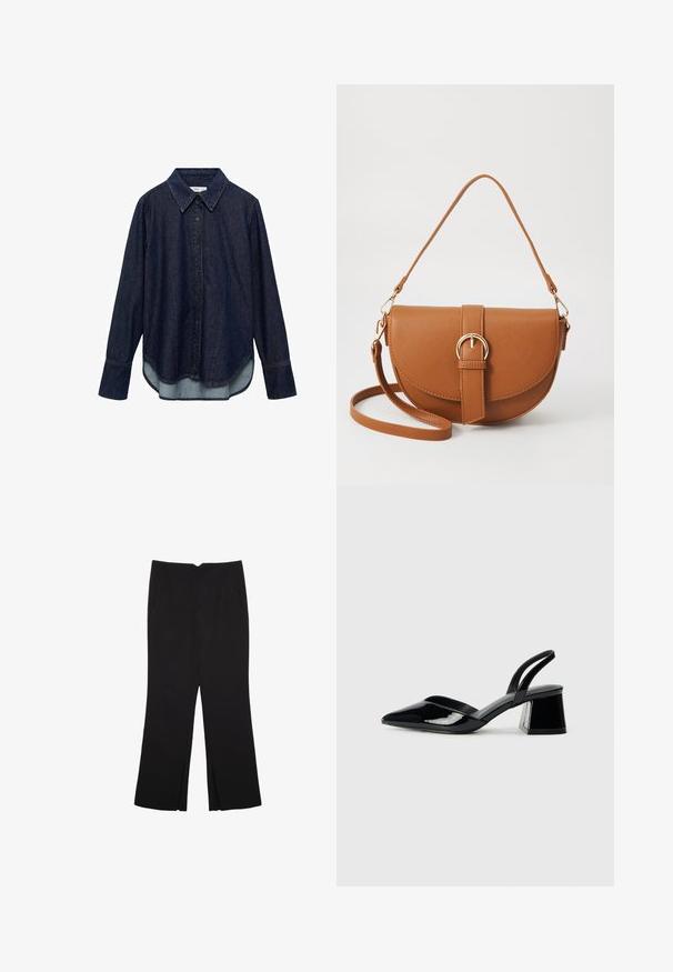 Tamna traper košulja s dugim rukavima, šiljastim kragnom i prednjim dugmadi. Ima zakrivenu donju ivicu i kontrastni svjetliji materijal ispod.; Crne hlače ravnog kroja, s prednjim džepovima i bočnim prorezima na rubu. Izrađene od mekog i glatkog materijala. Pogodne za razne prigode.; Crne lakirane kožne sandale s otvorenom petom i špicastim vrhom, s geometrijskom blok petom. Imaju elegantan, minimalistički dizajn i glatku teksturu.; Smeđa kožna torba preko tijela s zakrivljenim oblikom, zlatnim metalnim detaljima i naglaskom na kopču. Ima odvojivu naramenicu.