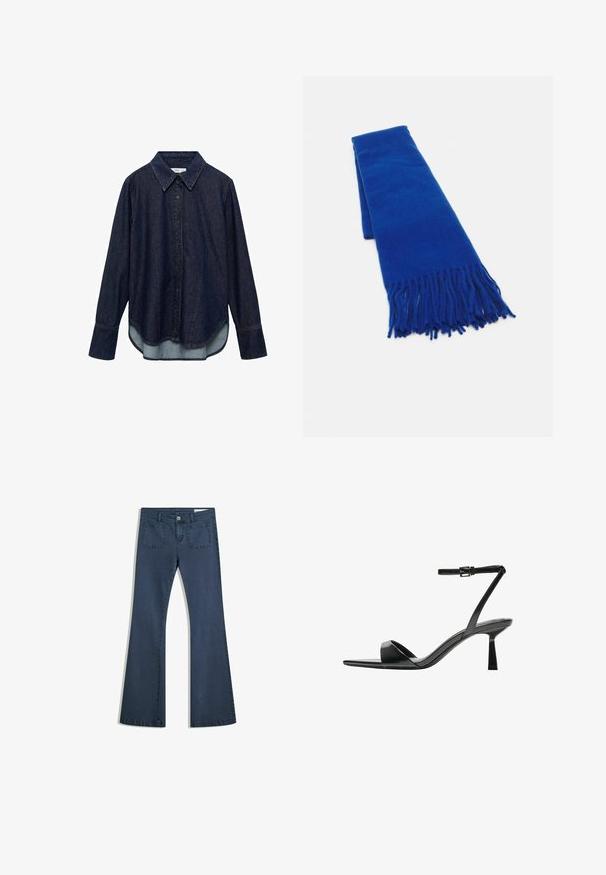 Dark denim shirt with long sleeves, a pointed collar, and front button closure. Features a curved hem and contrasting lighter fabric underneath.; Dark blue flared denim jeans with stitched pockets, a button closure, and a smooth texture. Features a classic five-pocket design.; Bershka High heeled sandals - black; Blue woven scarf with fringed ends, smooth texture, rectangular shape, and uniform color throughout. Suitable for cold weather.; Black patent leather handbag with a curved shape, one shoulder strap, front pockets, and silver-tone hardware accents.