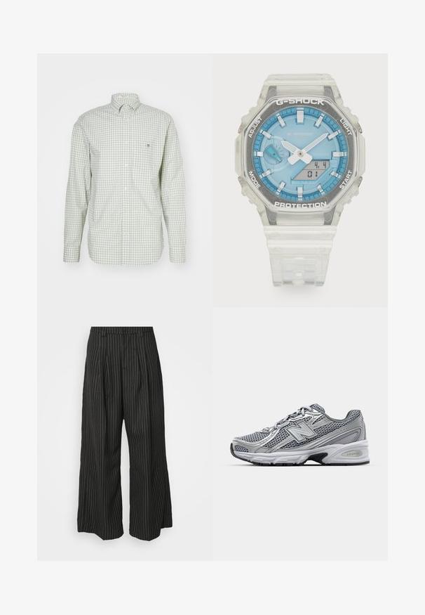 Zielona i biała koszula w kratkę z długimi rękawami, zapinana na guziki, z małym wyszywanym logo na kieszeni piersiowej oraz kołnierzykiem zapinanym na guziki.; Biały bawełniany top na ramiączkach z okrągłym dekoltem, szerokimi ramiączkami i prostym dołem, charakteryzujący się gładką teksturą i brakiem widocznych wzorów.; Czarne spodnie w szerokie nogawki w paski, z zakładkami, charakteryzujące się dopasowanym krojem i miękką teksturą. Brak widocznych metalowych elementów lub akcentów.; Szare buty sportowe z siateczkową cholewką, srebrnymi akcentami, wyściełanym kołnierzem oraz białą podeszwą środkową z czarną podeszwą zewnętrzną.; Zegarek G-Shock z przezroczystą obudową z żywicy, niebieską tarczą, metalicznymi akcentami, wyświetlaczem cyfrowym i teksturowanym paskiem silikonowym. Wodoodporny do 20 barów.
