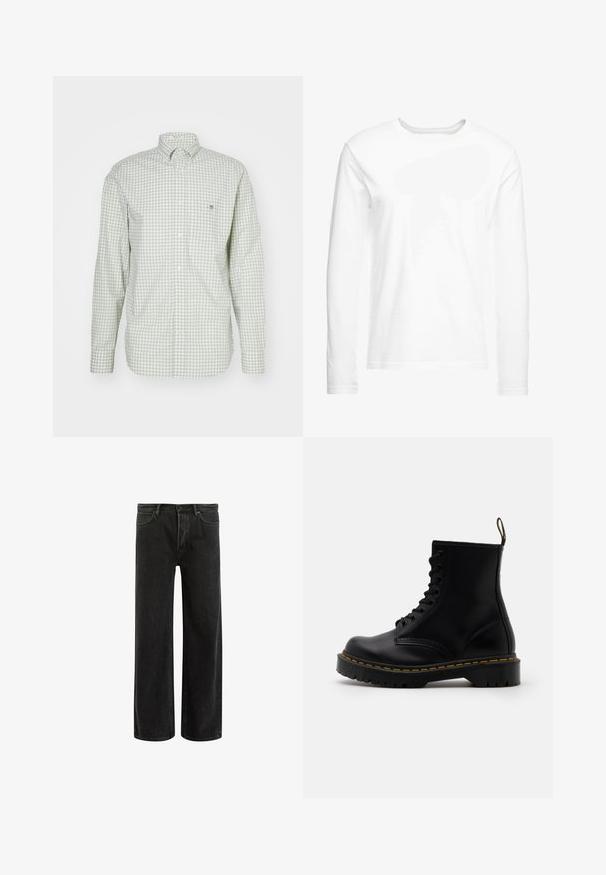 Hosszú ujjú zöld és fehér kockás ing, kis hímzett logóval a mellzseben és gombos gallérral.; Hosszúujjú, puha pamutból készült fehér póló. Kerek nyakú, egyenes szegésekkel, látható minták vagy grafikák nélkül.; Fekete farmerszövet, bő szárú nadrág magas derékkal, klasszikus ötpocket kivitelben, és finom kopással a texturált megjelenés érdekében.; Fekete bőrből készült bokacsizma, fűzős elülső része, sárga varrása, kerek orra és vastag, textúrált gumitalpa van.