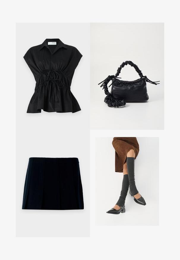 Melnā, īsām piedurknēm mitrās blūzes augšdaļa ar apkakli, veidota ar apkakli, savelkamu jostas daļu un izplešamu apakšmalu. Izgatavota no gludas, vieglas auduma.; Melnā plisētā mini svārki, kas izgatavoti no auduma. Tiem ir taisna josta un vairākas vertikālas krokas, kas piešķir formu un tekstūru.; Melnas laka ādas apavi ar norādītu purngalu, blokveida papēdi un potīšu jostu, saskaņoti ar pelēkām ribotām kāju sildītājām un brūnu zamšādas svārku.; Melnā mākslīgās ādas rokassoma ar krokodila rakstu, savilkta augšdaļa un saburzīta siksna. Izskatās mīksta un kompakta pēc dizaina.