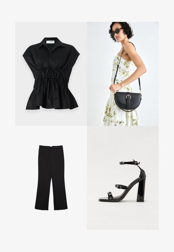 Crna, kratka majica na preklop s ovratnikom, s detaljem naboranog struka i flared rubom. Napravljena od glatkog, laganog materijala.; Crne hlače ravnog kroja, s prednjim džepovima i bočnim prorezima na rubu. Izrađene od mekog i glatkog materijala. Pogodne za razne prigode.; Crne lakirane sandale na pete sa kvadratnim nosom, trakama oko gležnja i srebrnim kopčama. Imaju čvrst blok petu za stabilnost.; Crna kožna torba s lukovitim oblikom, odvojivim remenom i zlatnim detaljima. Torba ima preklop s kopčom.