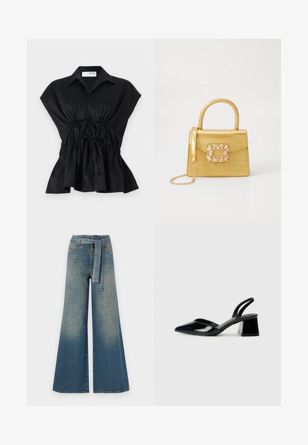 Juoda, trumpomis rankovėmis apvyniojama palaidinė su apykakle, renkamo liemens detale ir išsišakojusiu hemu. Pagaminta iš sklandaus, lengvo audinio.; Platus džinsinis kelnes su šviesiai tamsiai mėlynu gradientu, aukštu juosmeniu, diržo kilpomis ir atitinkančiu audinio diržu. Textūruotas džinsinis paviršius.; Juodos lakuotos odinės šlepetės su smailiu pirštu ir geometriniu bloko kulnu. Turi elegantišką, minimalistinį dizainą ir lygų paviršių.; Geltonas dirbtinės krokodilo odos rankinukas su standžiu dizainu, viršutine rankena, nuimamu grandininiu dirželiu ir dekoratyviniu krištolo papuošimu ant užsegimo.