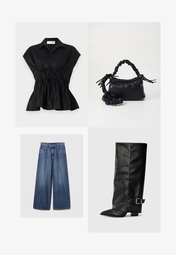 Črn, kratkotrajni zavojni top s ovratnikom, nabranim pasom in razširjenim robom. Narejen iz gladkega, lahkega materiala.; Široke jeans hlače iz modrega denima z bledečim finišem, z gumbom in zadrgo, petimi žepi in zanko za pas.; Črne usnjene gležnjarje do gležnjev z ostrim nosom, gladko teksturo in srebrnim sponko akcentom na strani. Debel kvadratni peti.; Črna torbica iz umetnega usnja s krokodilovo teksturo, z zvitim vrhom in zmečkano naramico. Zdi se mehka in kompaktna v oblikovanju.