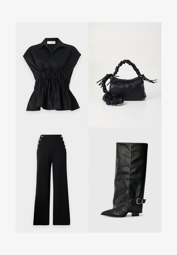 Top negro de manga corta y cruzado con cuello, detalle de cintura fruncida y dobladillo acampanado. Fabricado en una tela suave y liviana.; Pantalones de pierna ancha de talle alto en negro con botones dorados en la parte delantera y bolsillos en ambas caderas sobre un fondo blanco.; Botas de cuero negro hasta el tobillo con punta afilada, textura suave y un detalle de hebilla plateada en el lado. Tacón cuadrado grueso.; Bolso de mano de imitación cuero negro con textura de cocodrilo, parte superior fruncida y correa arrugada. Presenta un diseño suave y compacto.