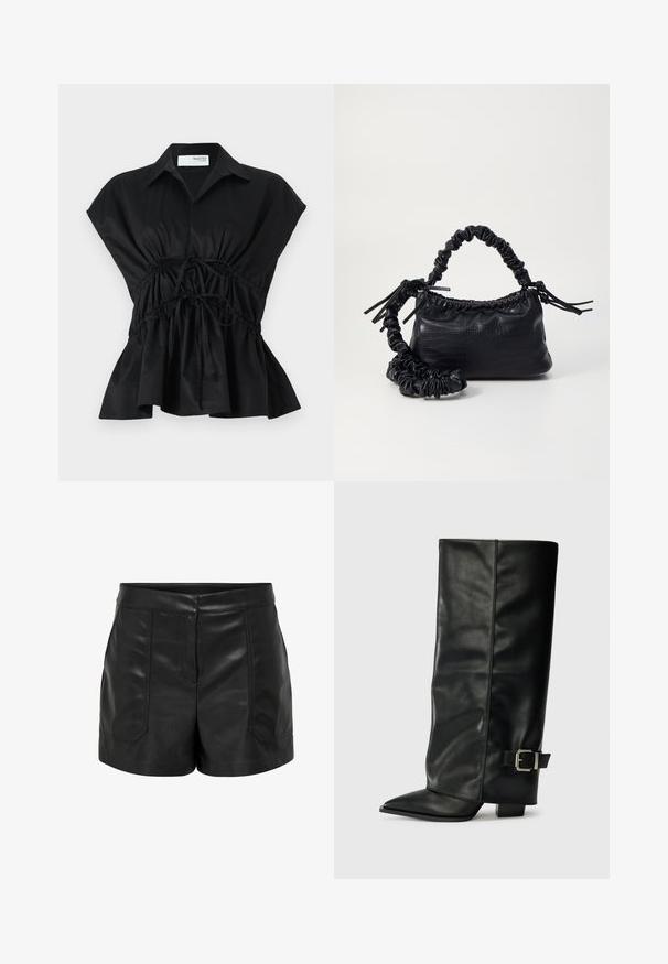 Juoda, trumpomis rankovėmis apvyniojama palaidinė su apykakle, renkamo liemens detale ir išsišakojusiu hemu. Pagaminta iš sklandaus, lengvo audinio.; Juodi odiniai šortai su lygia tekstūra, turintys dvi priekinės kišenes ir pritaikytą siluetą. Juosmuo plokščias, be matomų užsegimų.; Juodų odinių kulkšninių batų su smailiu pirštu, lygia tekstūra ir sidabriniu sagties akcentu šone. Masyvūs kvadratiniai kulniukai.; Juodas dirbtinės odos rankinė su krokodilo tekstūra, sušnibždinta viršuje ir susikraipytu dirželiu. Atrodo minkšta ir kompaktiška.