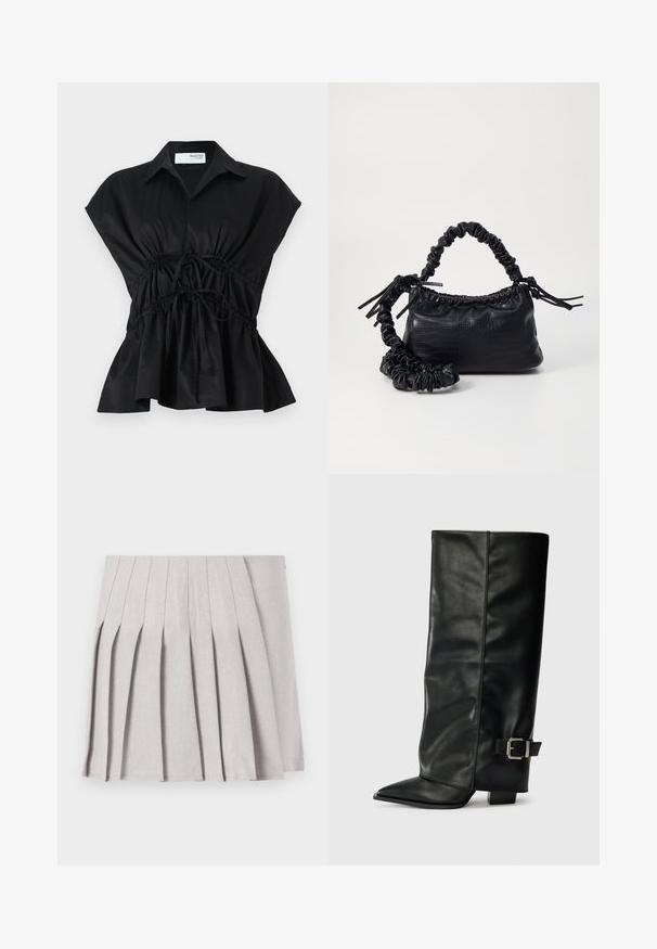 Top preto de mangas curtas em estilo envelope, com gola, detalhe na cintura franzida e bainha evasé. Feito de um tecido leve e suave.; Saia cinza plissada com uma textura suave, apresentando múltiplos pregas verticais e uma cintura ajustada. Feita de tecido leve.; Botas de couro preto até ao tornozelo com ponta afiada, textura lisa e detalhe em fivela prateada de lado. Salto quadrado robusto.; Bolsa de mão em couro sintético preto com textura de crocodilo, topo franzido e alça enrugada. Apresenta um design suave e compacto.