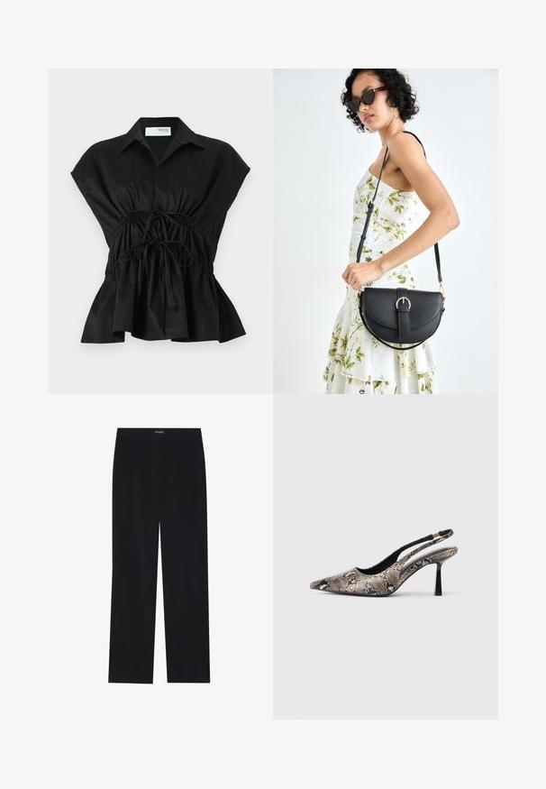 Fekete, rövid ujjú, galléros, átkötős blúz, ráncolt derékrésszel és bővülő aljjal. Simább, könnyű anyagból készült.; Fekete kordbársony nadrág egyenes szabással, lapos derékkal és láthatatlan zsebekkel, sima textúrával és függőleges bordázással.; Ívelt orrú slingback cipők, amelyek texturált kígyóbőr hatású anyagból készültek, karcsú fekete sarokkal és oldalsó kivágásos dizájnnal rendelkeznek.; Fekete bőrtáska ívelt formával, levehető pánttal és arany színű fémrészekkel. A táskán egy csattal díszített fedél található.