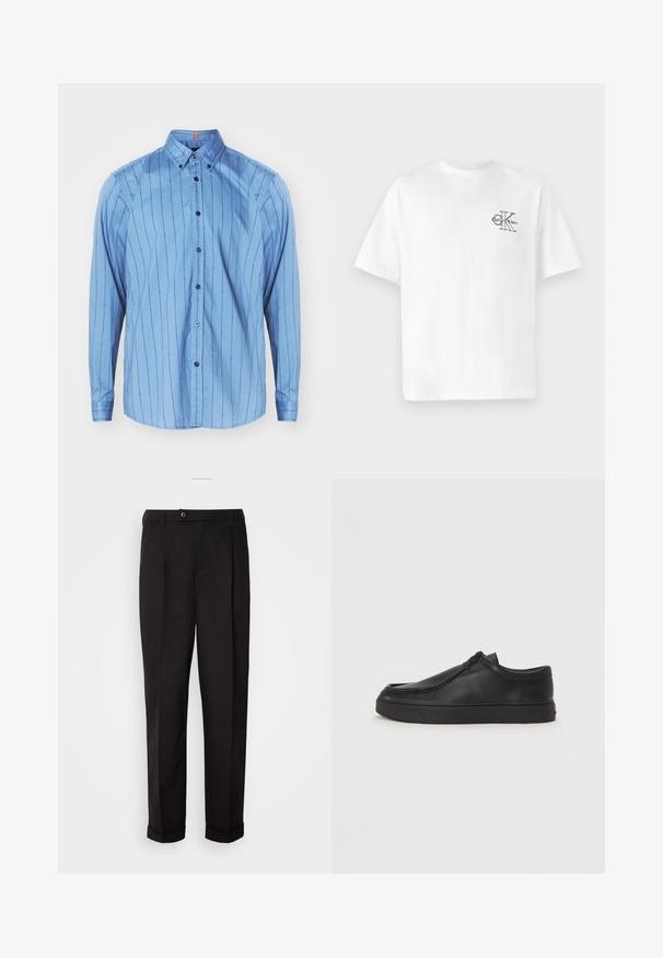 Kék pamut gombos ing hosszú ujjakkal, vertikális csíkokkal, gombos részletekkel és gallérral. A gallér belsejében egy kis narancssárga akcentus található.; Fehér pamut póló rövid ujjakkal, kerek nyakkal, a bal mellkas részen fekete CK logóval, normál szabású, sima tapintású.; Fekete nadrág sima textúrával, egyenes szabással, két elülső zsebbel és egy gombbal zárható derékkal.; Fekete bőr slip-on cipő lekerekített orral, varrott részletekkel és fekete gumitalppal. Simaság és minimalista dizájn jellemzi.