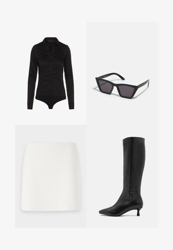 Czarny bodysuit z długim rękawem, z kołnierzykiem, z zapięciem na guziki z przodu i dopasowanym krojem. Wykonany z gładkiego materiału o eleganckim wykończeniu.; Biała, dopasowana mini spódnica o gładkiej fakturze i prostych liniach. Brak widocznych wzorów i akcesoriów. Prosty dół.; Zign - Kozaki; Czarne, kanciaste okulary przeciwsłoneczne z szarymi soczewkami; wykonane z plastiku, z grubymi zausznikami o gładkiej powierzchni i bez widocznych elementów metalowych.; Czarna zamszowa kopertówka z zapięciem na zamek i odpinanym paskiem na nadgarstek. Wyposażona w elementy w kolorze złotym oraz gładką, matową fakturę.