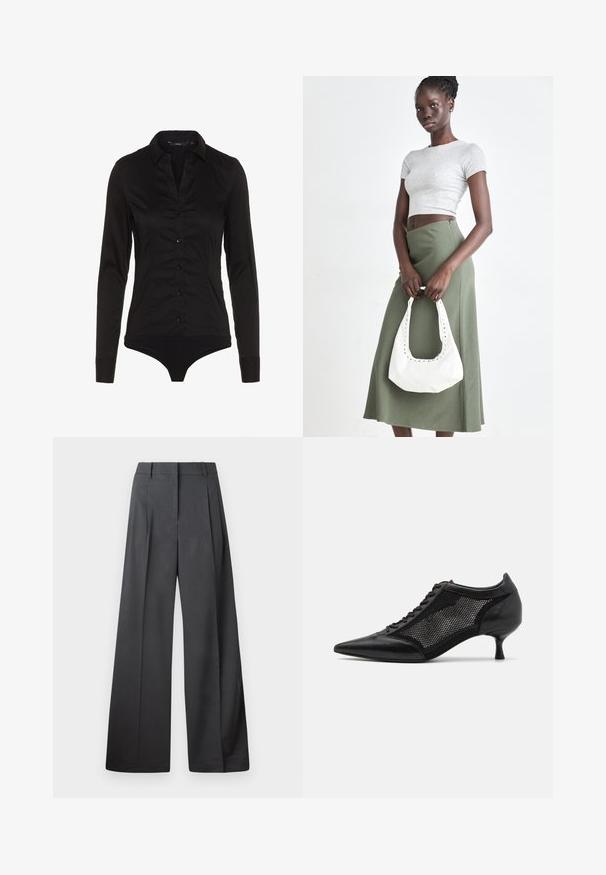 Black long-sleeve bodysuit with a collared neckline, button placket at front, and fitted design. Made from smooth fabric with a sleek finish.; Wide-leg trousers in dark gray fabric, featuring a high waist, single pleats, and a smooth texture with a clean finish at the hems.; Black pointed-toe shoe with a mesh panel design, featuring a low heel and lace-up front. Made from a combination of leather and mesh material.; Gray ribbed crop top and olive green high-waisted skirt. Model holds a white shoulder bag with cut-out detailing. Simple design, fitted silhouette.