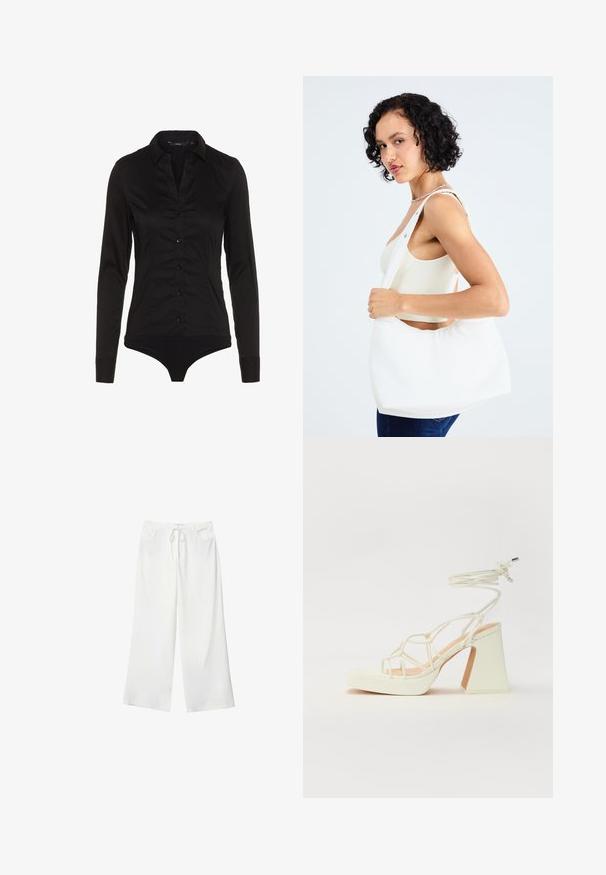 Črn bodi z dolgimi rokavi in ovratnikom, spredaj z gumbom in prilegajočo se zasnovo. Narejen iz gladkega materiala z elegantnim zaključkom.; Bela široka hlače iz mehkega materiala, z vrvico v pasu in dvema sprednjima žepoma. Gladek texture in brez vidnih vzorcev.; Bela sandala na visokih petah s debelim petam, ki ima obliko trakcev in vezanje okoli gležnja. Gladka tekstura z platformo spredaj za dodatno višino.; Bela torba za ramena, izdelana iz gladkega materiala, z ovalnim izrezom in širokim trakom. Preprosta in sodobna, brez vidnih kovinskih delov.