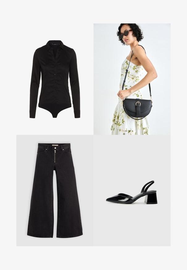 Bodies preto de mangas longas com decote tipo colarinho, com fechamento por botões na parte da frente e um design ajustado. Feito de tecido liso com um acabamento elegante.; Calças de ganga de perna larga em denim preto com fecho éclair à frente, design de cinco bolsos e detalhes de costura subtil. Textura suave e estilo casual.; Sandy em verniz preto com salto slingback, ponta afilada e salto geométrico. Apresenta um design elegante e minimalista com textura suave.; Bolsa de couro preta com forma curva, alça destacável e detalhes em dourado. A bolsa possui uma aba com detalhe de fivela.