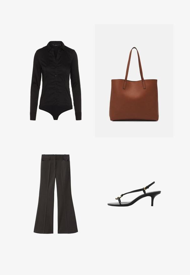 Zwarte lange mouw bodysuit met een kraaghalslijn, knoopsluiting aan de voorkant en een getailleerd ontwerp. Gemaakt van een gladde stof met een stijlvolle afwerking.; Zwarte flared broek met een hoge taille; beschikt over twee voorkeurszakken en een gladde stoftextuur. Geschikt voor verschillende gelegenheden.; Zwarte leren kitten heel sandaal met dunne banden, gouden gesp en minimalistische teenlus op een witte achtergrond.; Bruine leren tote bag met een gladde textuur, een ontwerp met een open bovenkant en twee schouderbanden. Kenmerkt zich door minimale stiksels en geen zichtbare hardware.