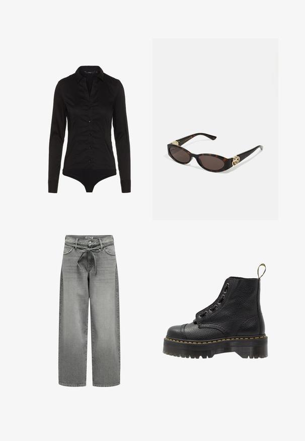 Black long-sleeve bodysuit with a collared neckline, button placket at front, and fitted design. Made from smooth fabric with a sleek finish.; Wide-leg gray denim jeans with a drawstring waistband and front pockets. The fabric features a slight texture and faded finish.; Black leather ankle boot with textured surface, round toe, lace-up design, yellow stitching, and a thick, ridged black platform sole.; Tortoiseshell sunglasses with elongated oval lenses, brown tint, gold logo accents on temples, and sleek black arms.; Black tote bag made from fabric, featuring a prominent embossed logo in a circular design. Smooth texture with contrasting leather accents.