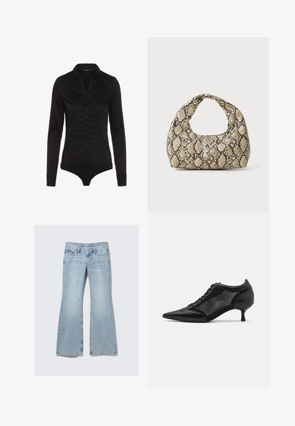 Black long-sleeve bodysuit with a collared neckline, button placket at front, and fitted design. Made from smooth fabric with a sleek finish.; Weekday NOVA - Slim fit jeans - lip blue; Black pointed-toe shoe with a mesh panel design, featuring a low heel and lace-up front. Made from a combination of leather and mesh material.; Snake-print handbag with a curved handle. Made from textured, beige and brown materials, featuring a distinctive diamond pattern.