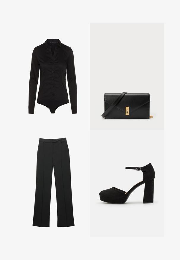 Schwarzes Langarm-Bodysuit mit Kragen, Knopfleiste an der Vorderseite und tailliertem Design. Hergestellt aus glattem Stoff mit einem eleganten Finish.; Schwarze hochtaillierte weit geschnittene Hosen mit Gürtelschlaufen und einer vorderen Nahtdetails, auf einem weißen Hintergrund präsentiert.; Schwarze Wildleder-Plattformabsätze mit einem dicken Blockabsatz, runder Zehenpartie und einem Knöchelriemen, der mit einer Metallschnalle gesichert ist. Glatte Oberfläche über das gesamte Schuhwerk.; Schwarze Leder-Geldbörse mit Klappverschluss, goldfarbener Hardware und Logo-Akzent. Inklusive abnehmbarem Trageriemen.