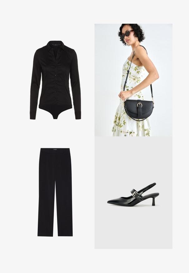 Czarny bodysuit z długim rękawem, z kołnierzykiem, z zapięciem na guziki z przodu i dopasowanym krojem. Wykonany z gładkiego materiału o eleganckim wykończeniu.; Czarne spodnie z korduroju o prostym kroju, z płaskim pasem i bez widocznych kieszeni, gładką teksturą oraz pionowymi wypustkami.; Czarne lakierowane szpilki slingback z wąskim noskiem i małym słupkiem, z ozdobnym srebrnym klamrą na pasku.; Czarna skórzana torebka o zakrzywionym kształcie, z odpinanym paskiem i złotymi akcentami. Torebka posiada klapę z zapięciem w kształcie klamry.