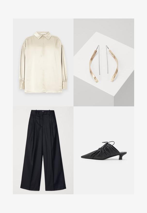 Beige satin langærmet bluse med spids krave, knappede manchetter og subtile rynker ved skuldrene, lagt fladt.; Sorte breddebenede bukser lavet af glat stof, med høj talje, læg og skræddersyet design. Enkel sort hardware i talje.; Sorte læder slip-on mules med spids tå, samlet tekstur og en lille kitten heel. Har en snor-detalje ved åbningen.; Gul- og sølvdråbeøreringe med en bueformet, forlænget form. Skinnende overflade med en glat tekstur og minimalistisk design.