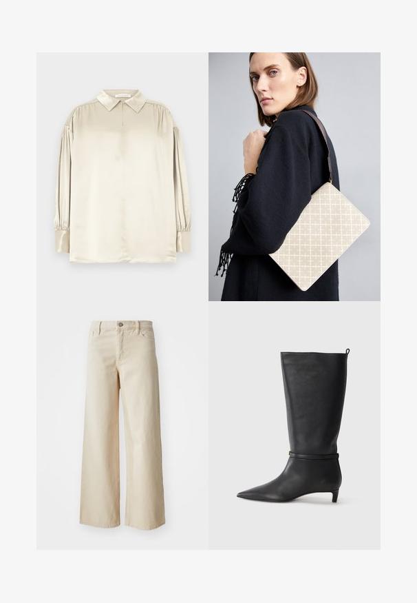 Beżowa satynowa bluzka z długim rękawem, z kołnierzykiem w szpic, mankietami na guziki i subtelnymi marszczeniami na ramionach, rozłożona na płasko.; Beżowe spodnie dżinsowe o szerokich nogawkach, wykonane z denimu, z wysokim stanem, zapięciem na guzik, paskami i kieszeniami po bokach. Gładka tekstura i luźny krój.; Czarne skórzane kozaki do kolan z ostro zakończonym noskiem, ozdobione okrągłym paskiem wokół kostki oraz niskim, zwężanym obcasem. Gładka tekstura.; Beżowa torebka na ramię w wzory, o sztywnym kształcie, z brązowym, teksturowanym paskiem. Nosi ją modelka na tle szarym.
