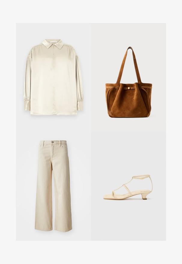 Blusa lunga a maniche lunghe in satin beige con colletto appuntito, polsini con bottoni e sottili arricciature sulle spalle, distesa.; Jeans beige a gamba larga in denim, con vita alta, chiusura con bottone, passanti per cintura e tasche laterali. Tessuto morbido e vestibilità comoda.; Sandali con tacco color beige, design a T-strap, punta quadrata, cinturino alla caviglia regolabile e tacco basso a blocco. Materiale in pelle liscia.; Borsa a tracolla in suede marrone con doppio manico, chiusura a bottone e una forma rilassata, leggermente morbida.