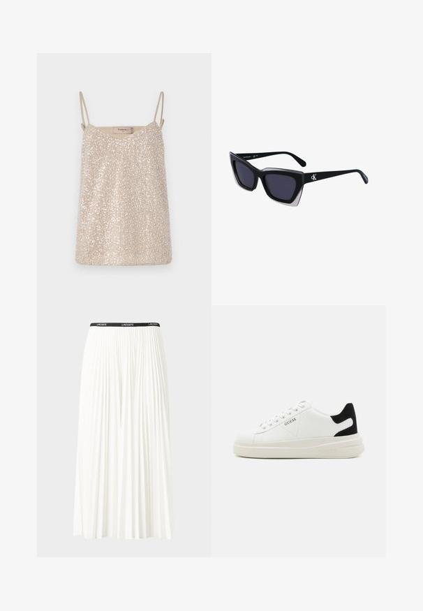 Beige paljett cami topp med tynne stropper, med v-hals og en myk, jevn tekstur. Merket sier "TWINSET."; Plissert hvit skjørt med en svart elastisk midje som har "LACOSTE"-logoen. Midjelengde design med myk tekstur.; Hvite lær sneakers med tykk hvit såle, svart semsket hælforsterkning og preget logo på siden. Snøresystem med seks hull.; Store svarte solbriller i overdimensjonert størrelse med geometrisk form, med mørke linser og en kontrasterende grå detalj på rammen. Logo på armen.