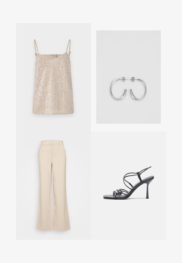 Beige sejlsæt top med tynde stropper, der har en v-udskæring og en blød, glat tekstur. Mærket hedder "TWINSET."; Beige vidde bukser med en glat overflade, der har en høj talje og to forlommer. Renset design med en skræddersyet pasform.; Sorte højhælede sandaler med tynde stropper og en knyttet design, en glat firkantet tå og en slank stiletto hæl.; Sølv hoop øreringe med en glat, skinnende overflade. Rundet form, letvægtsdesign med post-back lukning.