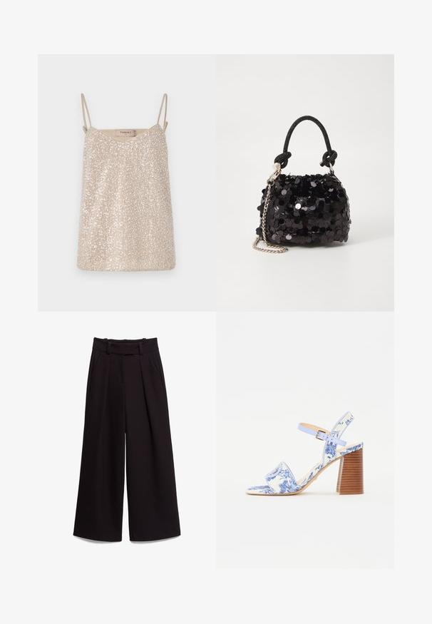 Bež samostojećeg topa s šljokicama i tankim trakama, s V-izrezom i mekom, glatkom teksturom. Oznaka glasi "TWINSET."; Crne široke hlače izrađene od glatkog materijala, s visokim strukom, petljama za pojas i dva prednja džepa. Plisirano dizajniranje dodaje teksturu.; Plave sandale s cvjetnim uzorkom, kvadratnog vrha, širokim remenom i podesivim remenom oko gležnja, s teksturiranim drvenim blok potplatom.; Crna mini torbica sa šljokicama, s čvorastim teksturiranim remenom i srebrnim lancem. Zaobljenog oblika s naboranim vrhom i reflektivnim detaljima.