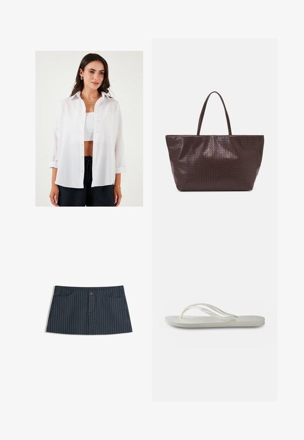 Weißes Hemd aus leichtem Stoff, mit klassischem Kragen, hochgekrempelten langen Ärmeln und lässiger Passform.; Marineblaues Minirock mit Nadelstreifen, vorderen Taschen und einem einzelnen Knopfverschluss an der Taille.; Weiße Flip-Flops mit einer strukturierten Sohle, dünnen Riemen und einem flachen Design. Hergestellt aus Gummi mit einem dezenten Logo auf der Fußsohle.; Braune geflochtene Leder-Totetasche mit zwei Griffen, einer strukturierten Form und einer strukturierten Oberfläche, die ein durchgängiges Rautenmuster aufweist.; Goldfarbene Creolen mit einer eleganten, verlängerten Form, einem polierten Finish und einem sicheren Verschluss.