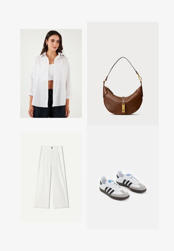 Valkoinen nappikauluspaita, joka on valmistettu kevyestä kankaasta. Paidassa on klassinen kaulus, pitkät hihat käärittynä ja rento istuvuus.; Valkoiset leveälahkeiset housut, jotka on valmistettu sileästä kankaasta. Edessä nappikiinnitys ja pleatatut yksityiskohdat. Suora etuosa, ei näkyviä taskuja.; Urheilukengät, joissa on valkoinen nahkainen päällinen, harmaa mokkanokka ja kolme mustaa raitaa. Ominaisuuksina sininen logo kielekkeessä ja kuvioitu kumipohja.; Ruskea nahkainen olkalaukku, jossa on kaareva muoto, kultaiset yksityiskohdat, yläklipsi ja logotaitto. Sujuva tekstuuri, jossa on ommellut reunat.