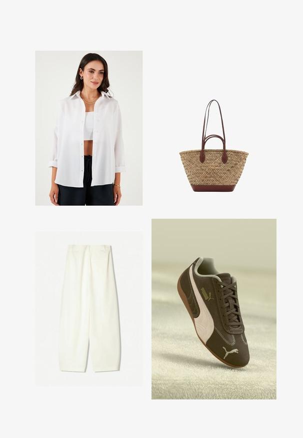 Biała koszula zapinana na guziki, wykonana z lekkiego materiału, z klasycznym kołnierzykiem, długimi rękawami podwiniętymi oraz luźnym krojem.; Szerokie spodnie w miękkim kremowym materiale, z gładką teksturą, przednimi kieszeniami oraz luźnym krojem z średnim stanem.; Brązowe sneakersy Puma z beżowym paskiem i logo, sznurowane, spoczywające na teksturowanej beżowej powierzchni.; Spleciona torba z trawy z plecionym wzorem, ciemnobrązowe skórzane uchwyty i podstawa, szeroki okrągły kształt oraz otwarty projekt.