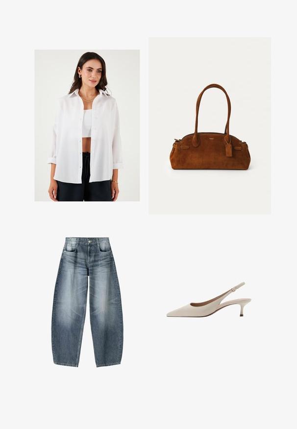 White button-up shirt made of lightweight fabric, featuring a classic collar, long sleeves rolled up, and a relaxed fit.; Wide-leg jeans made of light blue denim with fading, featuring a five-pocket design, button fly, and minimal stitching details.; Beige slingback heels with a pointed toe and a low, flared heel. Made from smooth leather with a minimalistic design and adjustable strap.; Brown suede handbag with two rounded handles, gold hardware, a small tag, and a smooth zipper closure. Features subtle stitched accents.