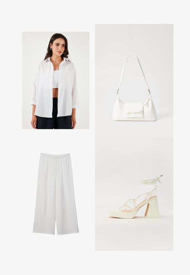 Bela srajca s kratkimi rokavi iz lahkotnega materiala, z klasičnim ovratnikom, dolge rokave zvite in sproščen kroj.; Bele široke hlače iz lahkega materiala, ki imajo elastičen pas in vrvico za prilagajanje. Gladka tekstura.; Bela sandala na visokih petah s debelim petam, ki ima obliko trakcev in vezanje okoli gležnja. Gladka tekstura z platformo spredaj za dodatno višino.; Bela sintetična torbica v obliki trikotnika, z ravnim sprednjim poklopcem in detajlom mašne, nastavljivim trakom, gladko teksturo in minimalističnim dizajnom.