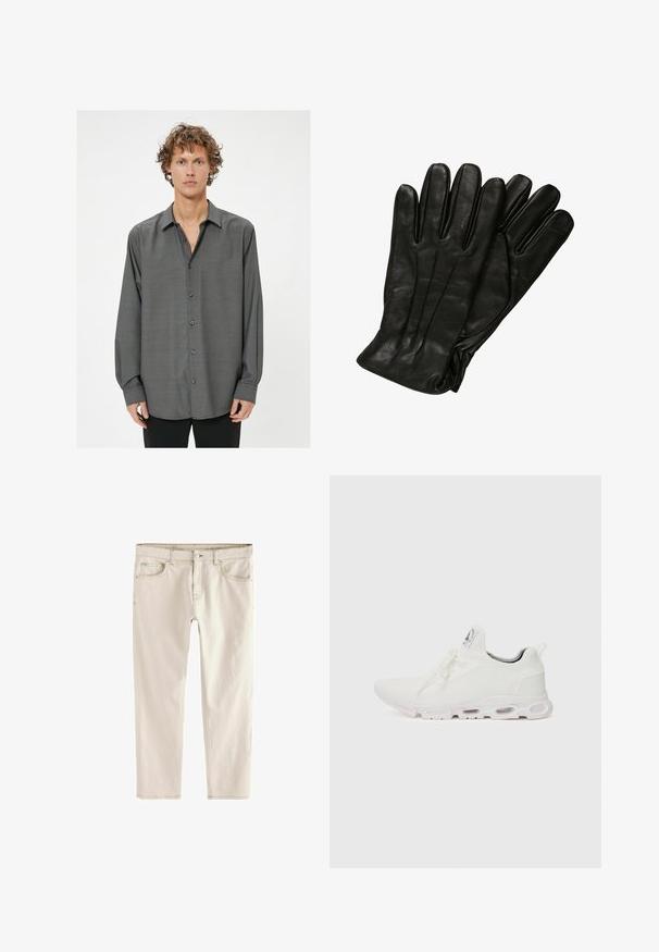 Dunkelgraues langärmeliges Hemd mit durchgehender Knopfleiste, das ein dezentes strukturiertes Muster und einen klassischen Kragen aufweist. Die Knöpfe sind dunkelgrau.; Hellbeige Slim-Fit-Jeans mit geradem Bein, fünf Taschen, Knopf- und Reißverschluss, sowie verstärkten Nähten an den Säumen.; Weiße Sportschuhe mit einem strukturierten Strickobermaterial, flachen Schnürsenkeln und einer gepolsterten Sohle mit sichtbaren Luftkammern für zusätzlichen Halt.; Schwarze Lederhandschuhe mit glatter Textur, fünf Fingern und dezenten Nähdetails. Klassisches Design, geeignet für den Einsatz bei kaltem Wetter.