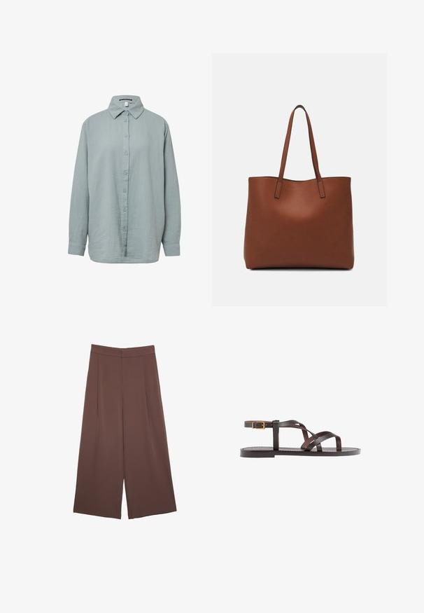 Light blue, long-sleeve button-up shirt. Made of soft, textured fabric with a standard collar, featuring a button-down front and cuffed sleeves.; Brown wide-leg trousers with a smooth texture, featuring a high waist and front pleats. The fabric is lightweight and flows loosely.; Brown leather sandal featuring crisscross straps, an ankle buckle closure, and a flat sole with minimal stitching details.; Brown leather tote bag with a smooth texture, open top design, and two shoulder straps. Features minimal stitching and no visible hardware.