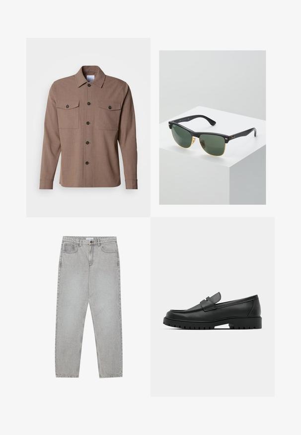 Rjava srajca s gumbi iz teksturirane tkanine, z dolgimi rokavi, dvema žepoma na prsih in črnimi gumbi. Klasičen kroj ovratnika.; Svetlo sivi traper hlače s ravnim krojem, pet žepov in gumbom za zapiranje. Vidno šivanje ob šivih.; Črne usnjene loafers čevlje z zaobljenim nosom, ki imajo šivano zasnovo, nizko platformo in teksturiran, profiliran gumijast podplat.; Sončne naočale Ray-Ban z zelenimi lečami, črnimi plastičnimi okvirji in zlatimi poudarki na robovih. Kvadratna oblika z mat površino.