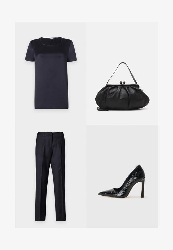 Tumši zila īsām piedurknēm blūze, izgatavota no gludas, spīdīgas auduma ar kvadrātveida kaklu un brīvu piegriezumu. Bez rakstiem vai rotājumiem.; Melnas garām piedurknēm turtleneck blūze, izgatavota no gludas auduma, ar krokotu apkakli un pieguļošu siluetu, kas ir ar vienkāršām malām.; Jūras spēku stilā šūtas bikses ar gludu tekstūru, ar taisnu priekšpusi, diviem krokām un jostas cilpām. Taisnas kājas griezums, pabeigts hem.; Melni augstpapēžu apavi ar norādītu purngalu, ar krokodila ādas tekstūru, izceļoties ar elegantu dizainu, augstu stiletto papēdi un gludu melnu interjeru.; Melna ādas rokassoma ar noapaļotu, krokotu dizainu. Iezīmes metāla aizdare ar diviem dekoratīviem lodīšiem un plānu, noņemamu siksnu.