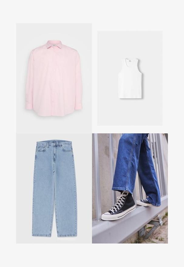 Jasnoróżowa koszula z długim rękawem, z klasycznym kołnierzykiem i białymi guzikami z przodu, wykonana z gładkiego materiału bawełnianego.; Biały bawełniany top na ramiączkach z okrągłym dekoltem, szerokimi ramiączkami i prostym dołem, charakteryzujący się gładką teksturą i brakiem widocznych wzorów.; Jasnoniebieskie dżinsy o prostym kroju nogawki, z średnim stanem, pięcioma kieszeniami oraz zapięciem na guzik i zamek błyskawiczny.; Czarne sneakersy za kostkę z białą podeszwą i sznurówkami, w połączeniu z luźnymi niebieskimi dżinsami, opierające się na szarym balustradzie.
