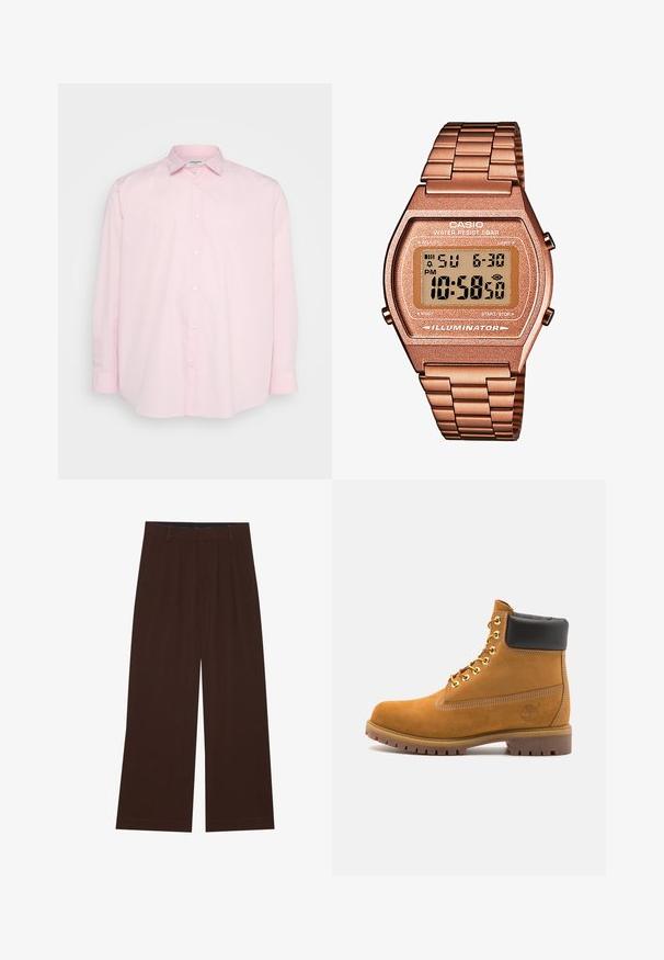 Camisa de botón rosa claro con mangas largas, cuello estándar y botones blancos en el frente, hecha de suave tela de algodón.; Pantalones de pierna ancha marrones con pliegues. Hechos de una tela suave, con una cintura entallada y bolsillos laterales. Dobladillo recto en la parte inferior.; Botín de ante marrón claro con collar acolchado negro, ojales de metal dorado, detalles de costura blanca y suela de goma resistente con tacos pronunciados.; Reloj digital Casio con una correa de metal en color oro rosa, caja rectangular, pantalla iluminada y resistencia al agua, que muestra la hora y la fecha.
