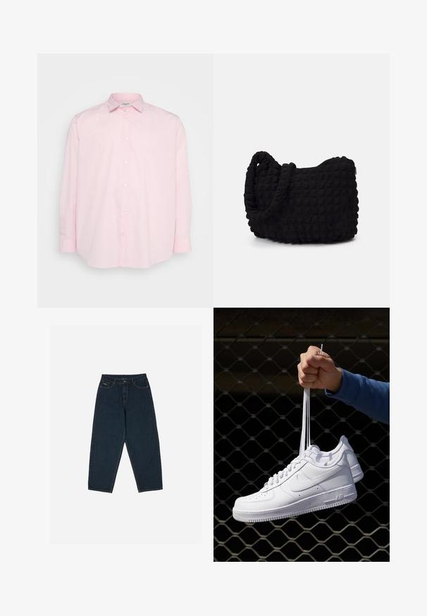 Gaiši rozā pogu krekls ar garām piedurknēm, standarta apkakli un baltām pogām priekšpusē, izgatavots no gludas kokvilnas auduma.; Tumši zili augsto vidukli bikši ar brīvu piegriezumu, piecu kabatu un pogu aizdari. Izgatavoti no gludas auduma.; Baltas ādas sporta apavi ar perforācijām, apaļu purngali, plakanu zoli un biezām šņorēm, ar redzamu swoosh logo un vārdu "AIR" uz papēža.; Melnas auduma soma ar strukturētu, quiltotu rakstu. Apaļa forma, īsas, resnas rokturi un mīksta, elastīga konstrukcija.