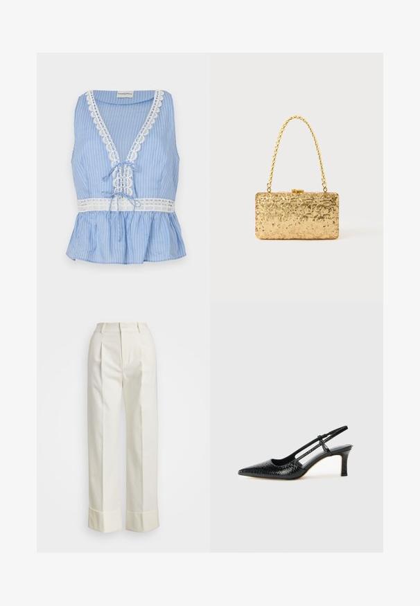 Modra prugasta brezrokavnik z globokim V-izrezom, čipkastim pasom okoli izreza in roba, s pasom na traku v pasu ter peplum krojem.; Bela krojena hlače z visokim pasom, dvema sprednjima pregiboma in širokimi nogami s prepognjenimi manšetami. Narejene so iz gladkega, teksturiranega blaga.; Črne lakaste slingback pete s koničastim nosom, ki imajo teksturiran vzorec kačje kože, nastavljiv trak in kratek teksturiran blok peto.; Zlata torbica s pomičnim šalom v pravokotni obliki, z zasukano verižico in kovinskim zapiranjem, ki odseva svetlobo z teksturirano površino.