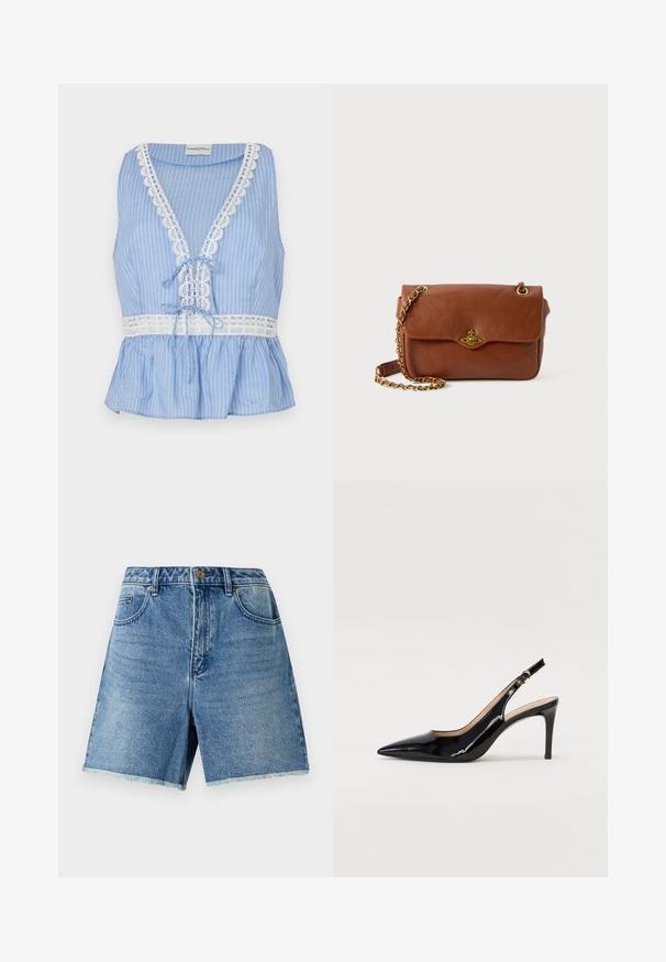 Niebieska w paski bezrękawnik z głębokim dekoltem w serek, koronkowym wykończeniem wzdłuż dekoltu i hemu, z wiązaniem w talii oraz fasonem peplum.; Jeansowe szorty w jasnoniebieskim kolorze, z wysokim stanem, zapięciem na guziki, przednimi kieszeniami oraz postrzępionym wykończeniem, zapewniające luźny krój.; Czarne lakierowane szpilki typu slingback z szpiczastym noskiem, smukłym obcasem i subtelnym wycięciem. Posiadają złotą klamrę na pasku.; Brązowa skórzana torba na ramię z klapą, złotymi elementami i łańcuszkowym paskiem. Gładka tekstura, prostokątny kształt, minimalne zdobienia.