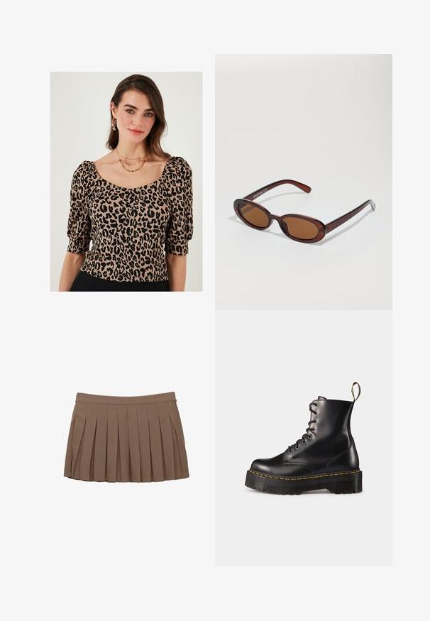 Bluza z leopardskim vzorcem s kratkimi napihnjenimi rokavi, kvadratnim izrezom in teksturirano tkanino v odtenkih bež in črne.; Rjava plisirana mini krila z pasom in subtilnim stranskim logotipom na beli podlagi.; Črne usnjen lace-up gležnjarje z debelim črnim podplatom in rumenim šivanjem. Imajo zanko na hrbtni strani in okrogle kovinske učke.; Okrogle, rjavo obarvane sončne naočare z sijočim burgundskim okvirjem. Tanek nosilec s subtilnim logotipom. Oblika leč je ravna.; Rjava tkana usnjena torbica s sproščenim, trikotnim oblikovanjem. Ima pleten ročaj in zadrgo na vrhu.