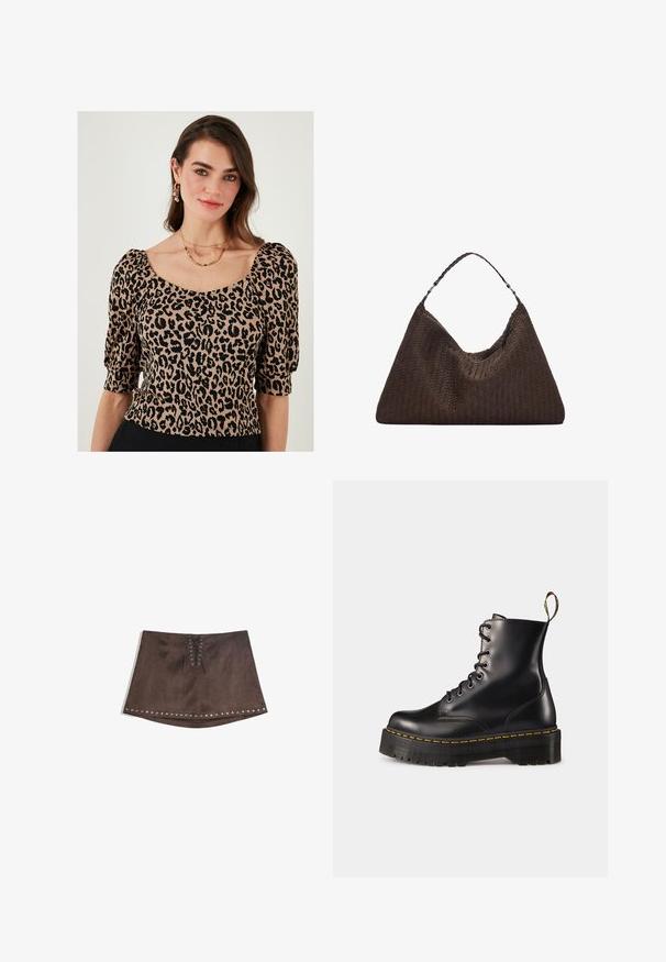 Bluzica s uzorkom leopard, kratkim napuhanim rukavima, kvadratnim dekolteom i teksturiranim materijalom u nijansama bež i crne.; Smeđa mini suknja od lažne kože s detaljem vezanja sprijeda i srebrnim nitnama duž rubova. Glatka tekstura, A-linijski oblik i kratka dužina.; Crne kožne čizme s vezanjem do članka, s debelim crnim potplatom i žutim šavom. Imaju traku za povlačenje na stražnjoj strani i okrugle metalne rupice.; Smeškan smeđi kožni torbica u obliku trokuta. Ima pletenu ručku i patentni zatvarač na vrhu.