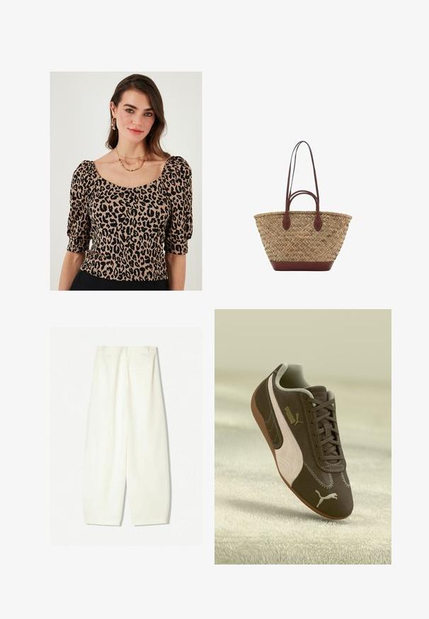 Leopardenmuster-Bluse mit kurzen Puffärmeln, quadratischem Ausschnitt und strukturiertem Stoff in Beige- und Schwarztönen.; Weite Hosen aus einem weichen Creme-Stoff, mit glatter Textur, seitlichen Taschen und einem lässigen Schnitt mit mittelhohem Bund.; Braune Puma-Sneaker mit beiger Streifen und Logo, geschnürt, auf einer strukturierten beigen Oberfläche ruhend.; Geflochtene Strohttasche mit geflochtener Textur, dunkelbraunen Ledergriffen und Boden, breiter runder Form und offenes Oberteil.