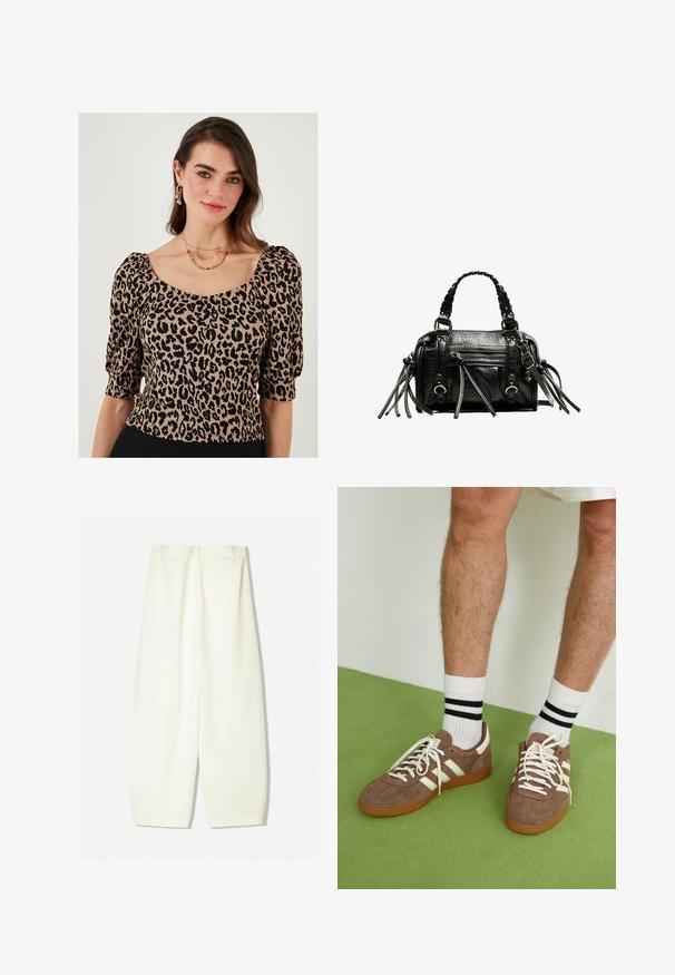 Leopardenmuster-Bluse mit kurzen Puffärmeln, quadratischem Ausschnitt und strukturiertem Stoff in Beige- und Schwarztönen.; Weite Hosen aus einem weichen Creme-Stoff, mit glatter Textur, seitlichen Taschen und einem lässigen Schnitt mit mittelhohem Bund.; Braune Wildleder-Sneaker mit weißen Akzenten und Schnürsenkeln. Gummisohle in Kautschuk-Optik. Getragen mit weißen Socken, die schwarze Streifen haben. Grüner strukturierter Fußboden.; Schwarze Lederhandtasche mit geflochtenen Tragegriffen, texturiertem Oberflächen, einem Reißverschluss-Frontfach und dekorativen Fransenakzenten. Kompakte und strukturierte Form.