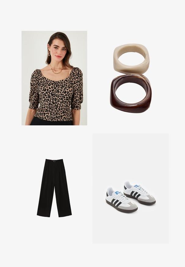 Bluza z leopardskim vzorcem s kratkimi napihnjenimi rokavi, kvadratnim izrezom in teksturirano tkanino v odtenkih bež in črne.; Črne široke hlače z visokim pasom, z vdrtim pasom in naborki za teksturo. Narejene iz gladkega, lahkega materiala.; Športni čevlji z belim usnjenim zgornjim delom, sivim semišem na prstih in tremi črnimi črtami. Imajo modro logo na jeziku in teksturiran gumijast podplat.; Stradivarius SET - Zapestnica - dark brown